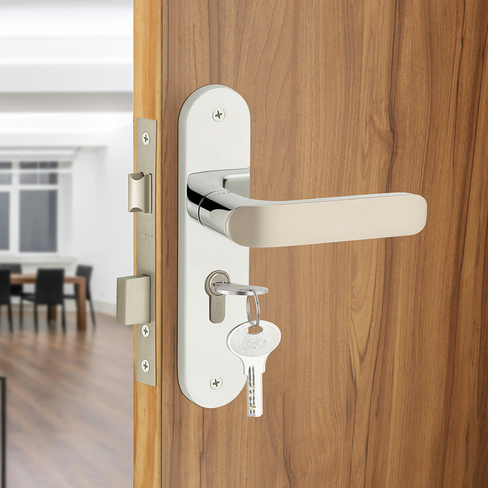 IPSA Plum Moderna Handle Series on 8" Plate CYS Lockset with 60mm One Side Key and Knob - Matte Satin Nickel Finish CPS